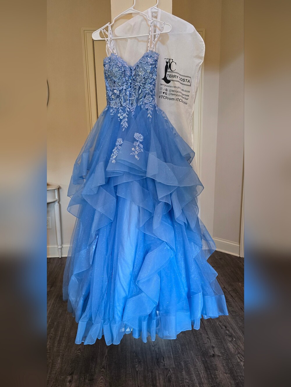 ellie‎ wilde Sky Blue Ruffled Tulle Prom Gown with Floral Appliqué